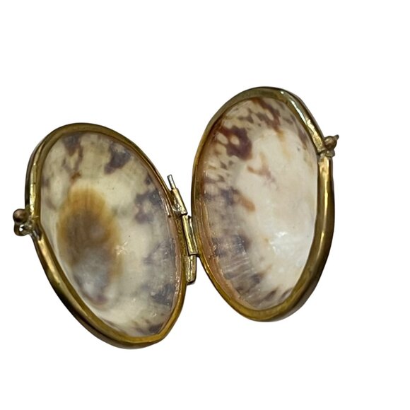 Vintage Brass & Shell Hinged Compact Mirror 2.5" Diameter - Picture 1 of 5
